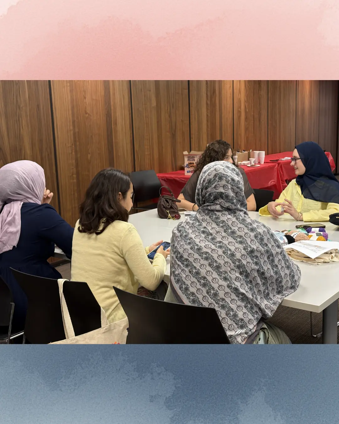 Participants creating punch knitting art pieces at the Threads of Peace workshop at Kitchener Public Library as part of United in Voices preparations.