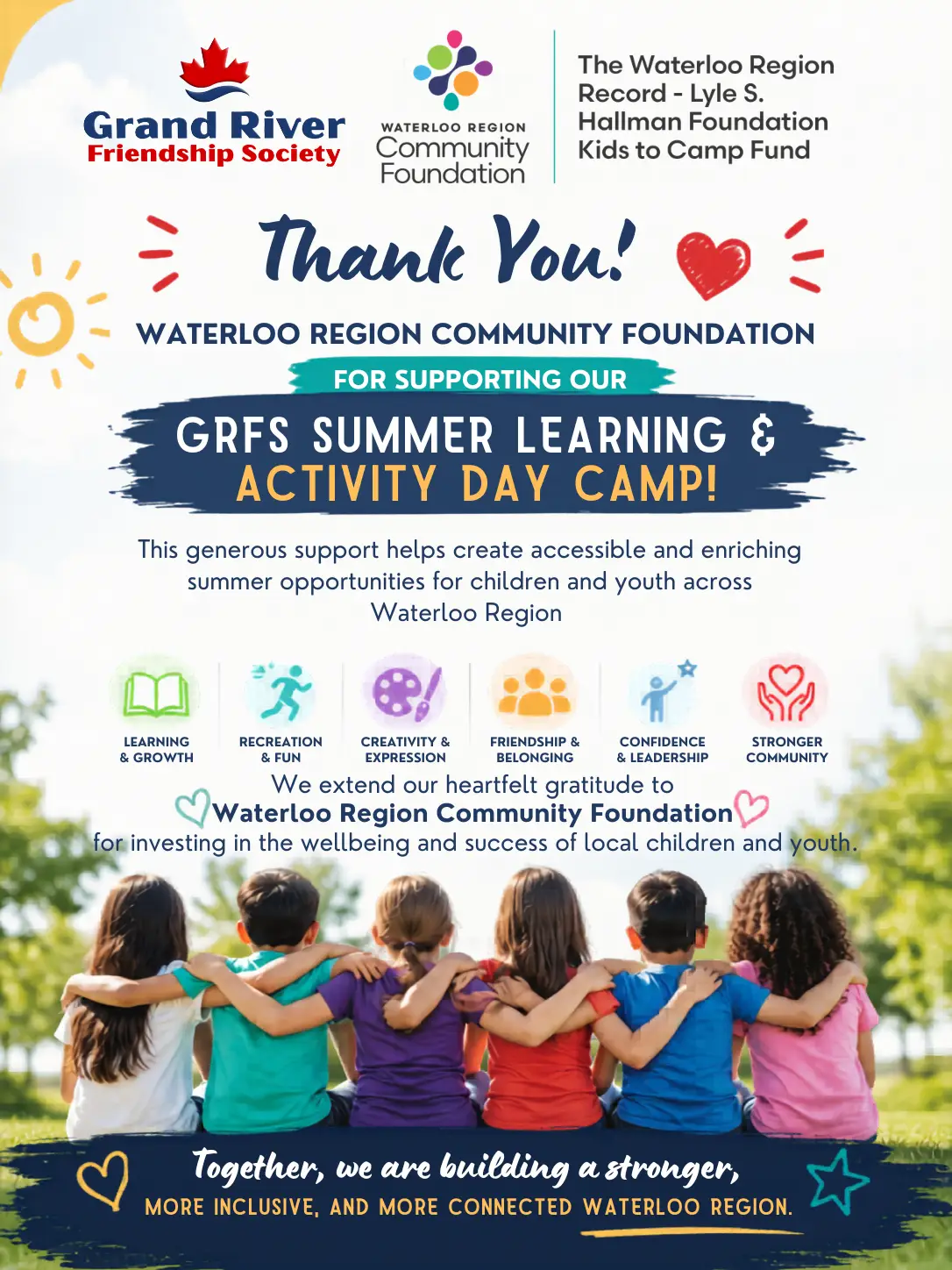 GRFS, Waterloo Region Community Foundation, WRCF, Kids to Camp Fund Grand River Friendship Society thank-you poster recognizing Waterloo Region Community Foundation support for the GRFS Summer Learning & Activity Day Camp