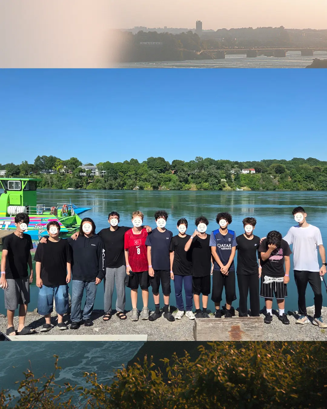 GRFS Grade 9 and 10 students posing beside the Niagara River before the Whirlpool Jet Boat Tour.