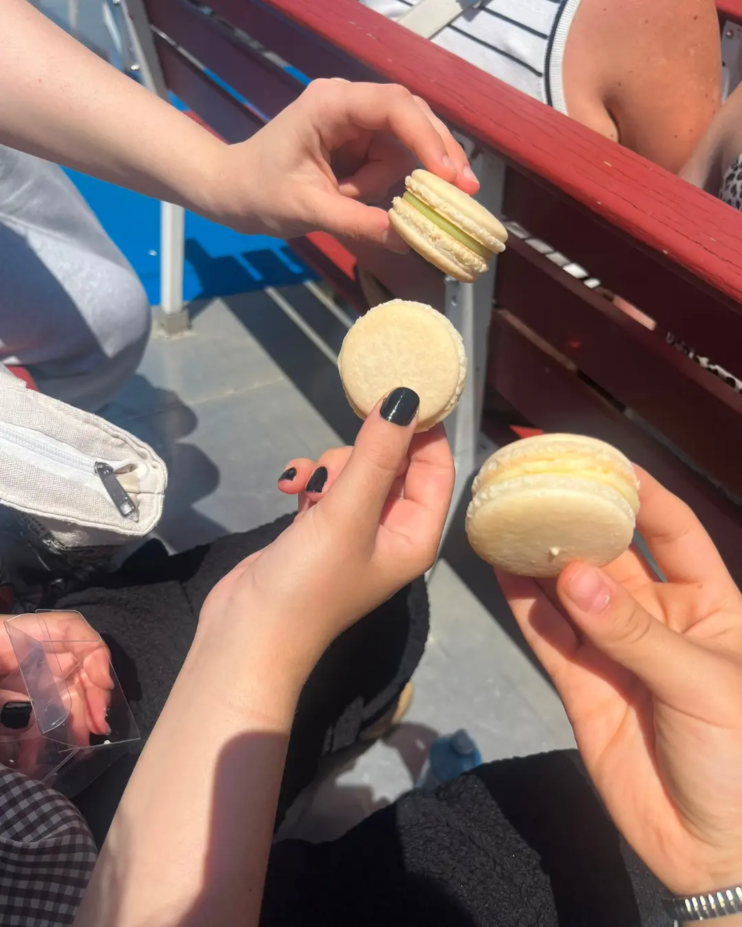 Grade 12 students holding macarons while travelling on a Kingston boat cruise
