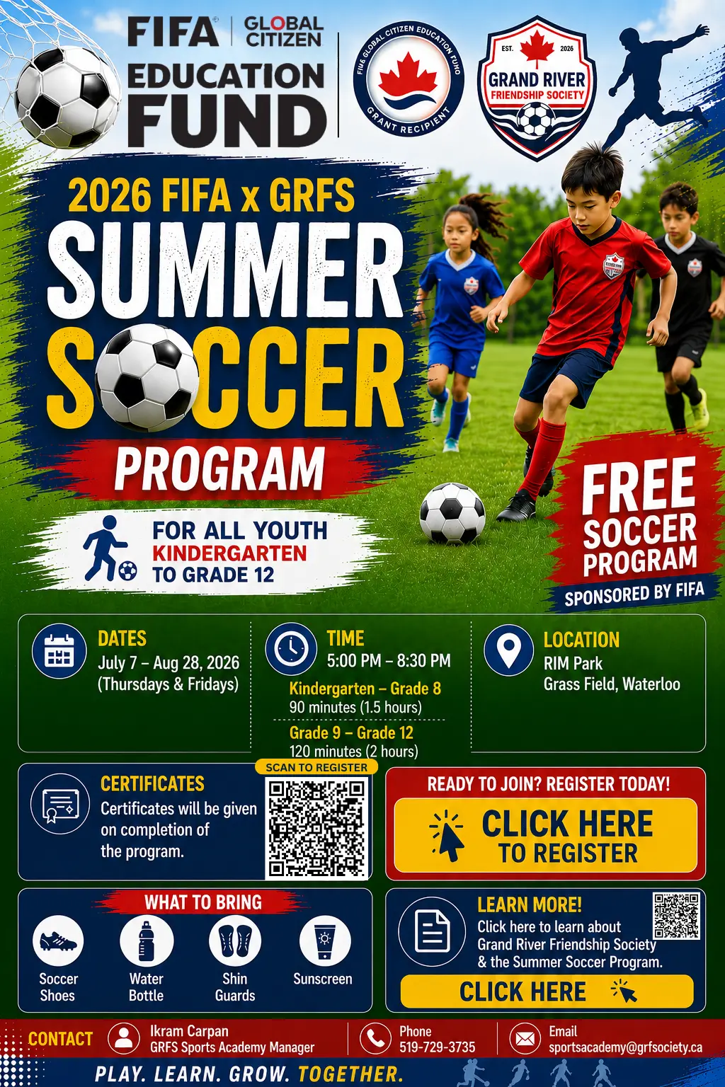 Summer Soccer Training Program featured image for GRFS Sports Academy, promoting a free 7-week FIFA-sponsored soccer program for children and youth.