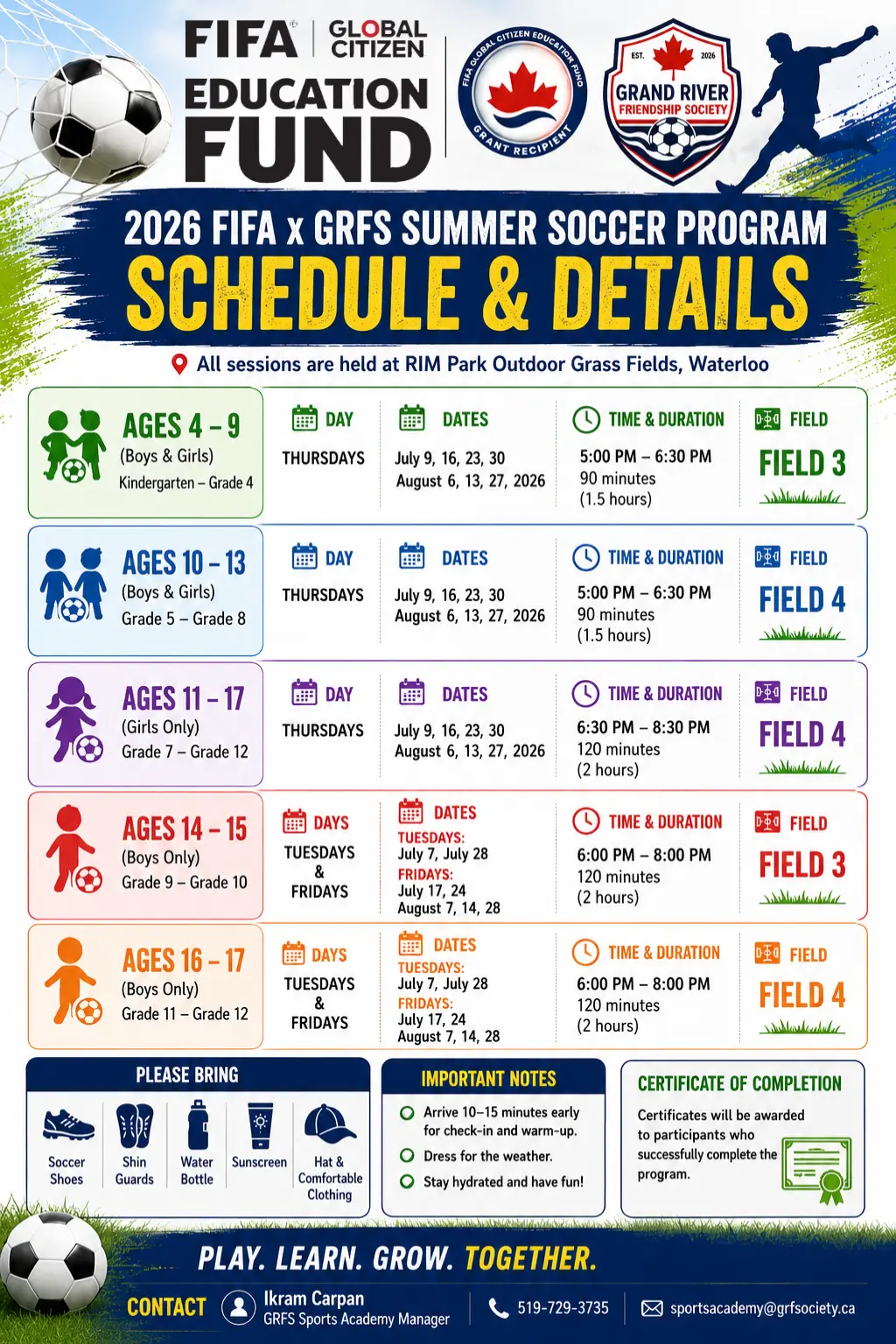 Summer Soccer Training Program featured image for GRFS Sports Academy, promoting a free 7-week FIFA-sponsored soccer program for children and youth.