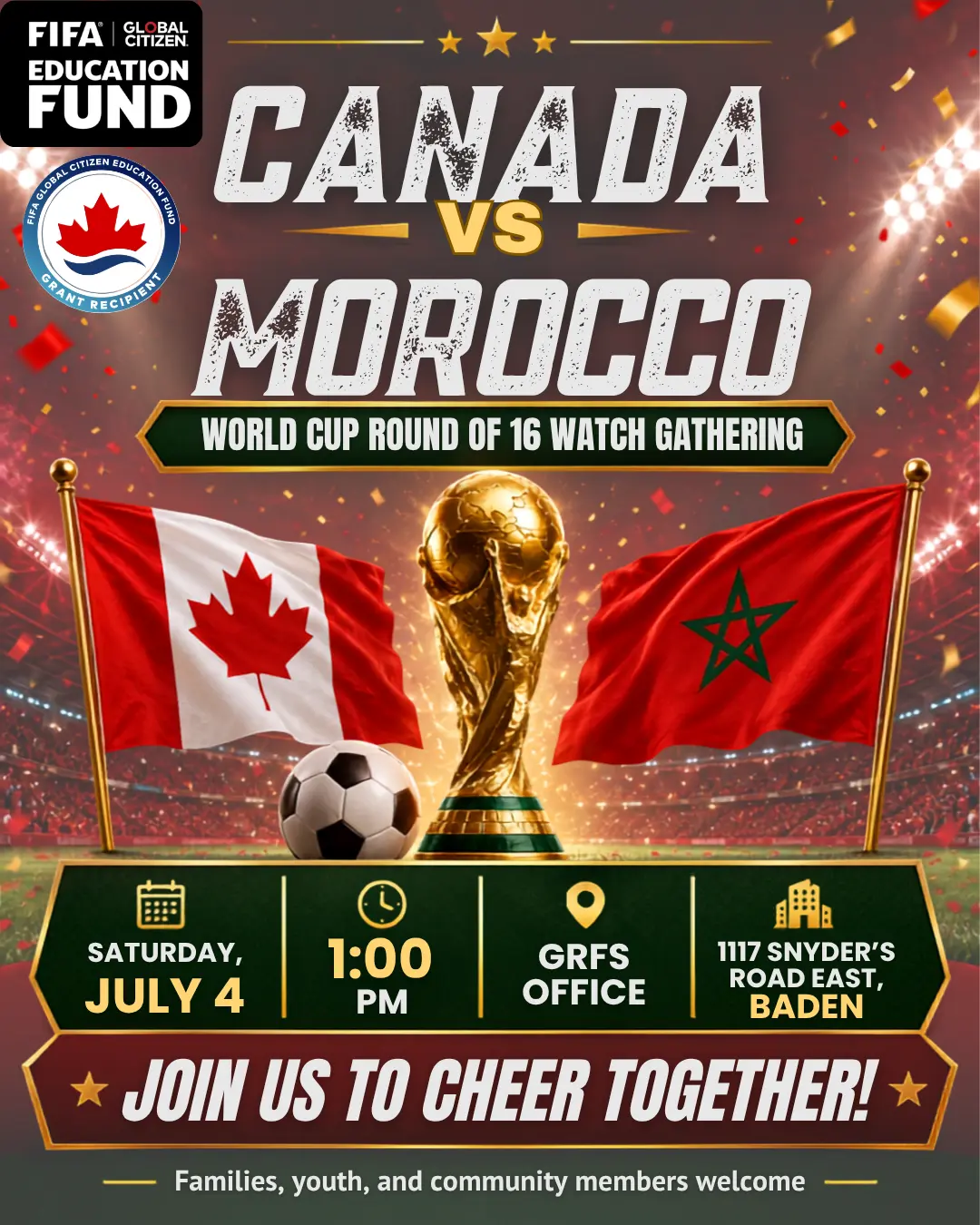 Canada vs Morocco World Cup Round of 16 watch gathering poster with Canadian and Moroccan flags, match details, and GRFS office location.