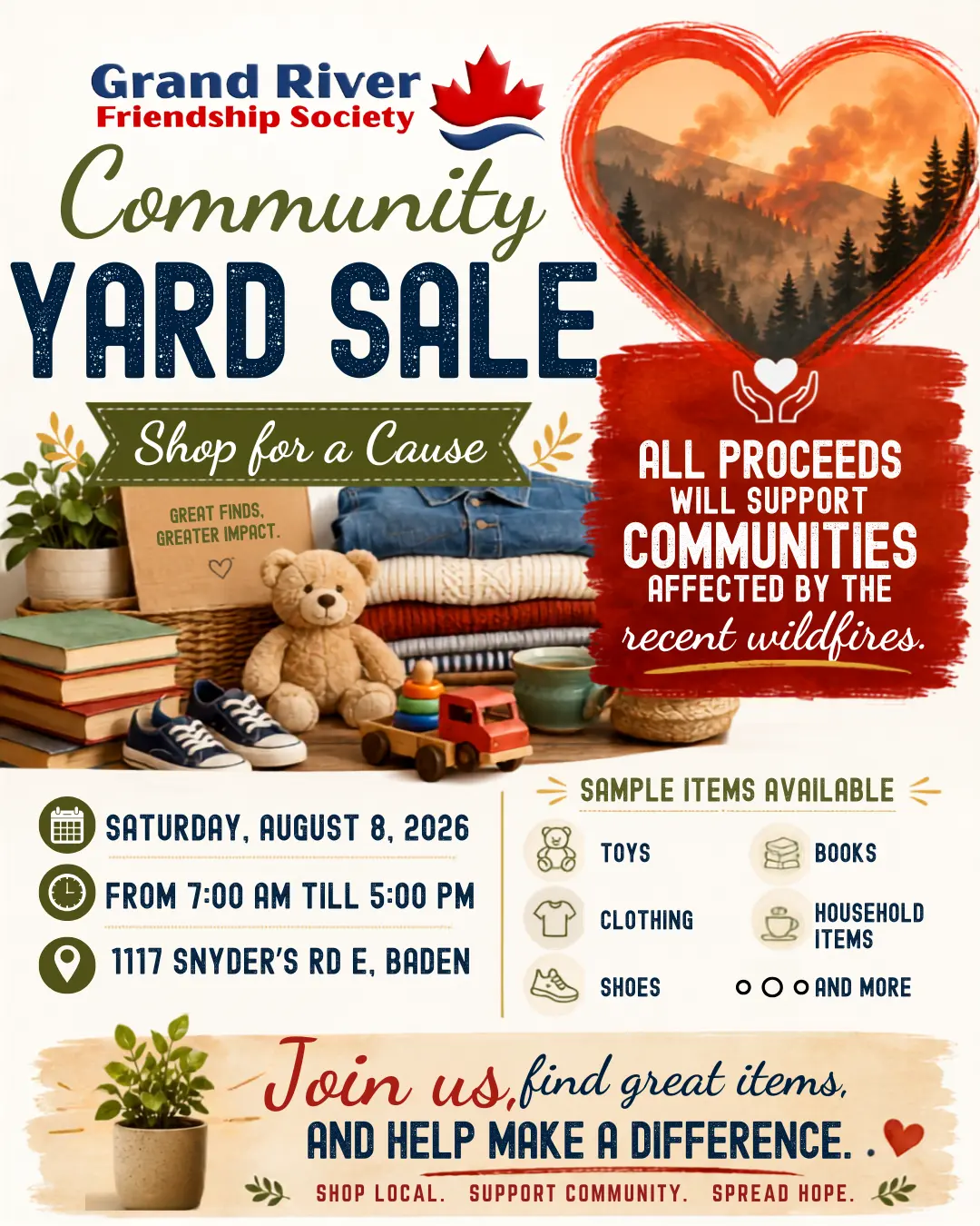 GRFS Community Yard Sale flyer for August 8, 2026 in Baden supporting wildfire-affected communities