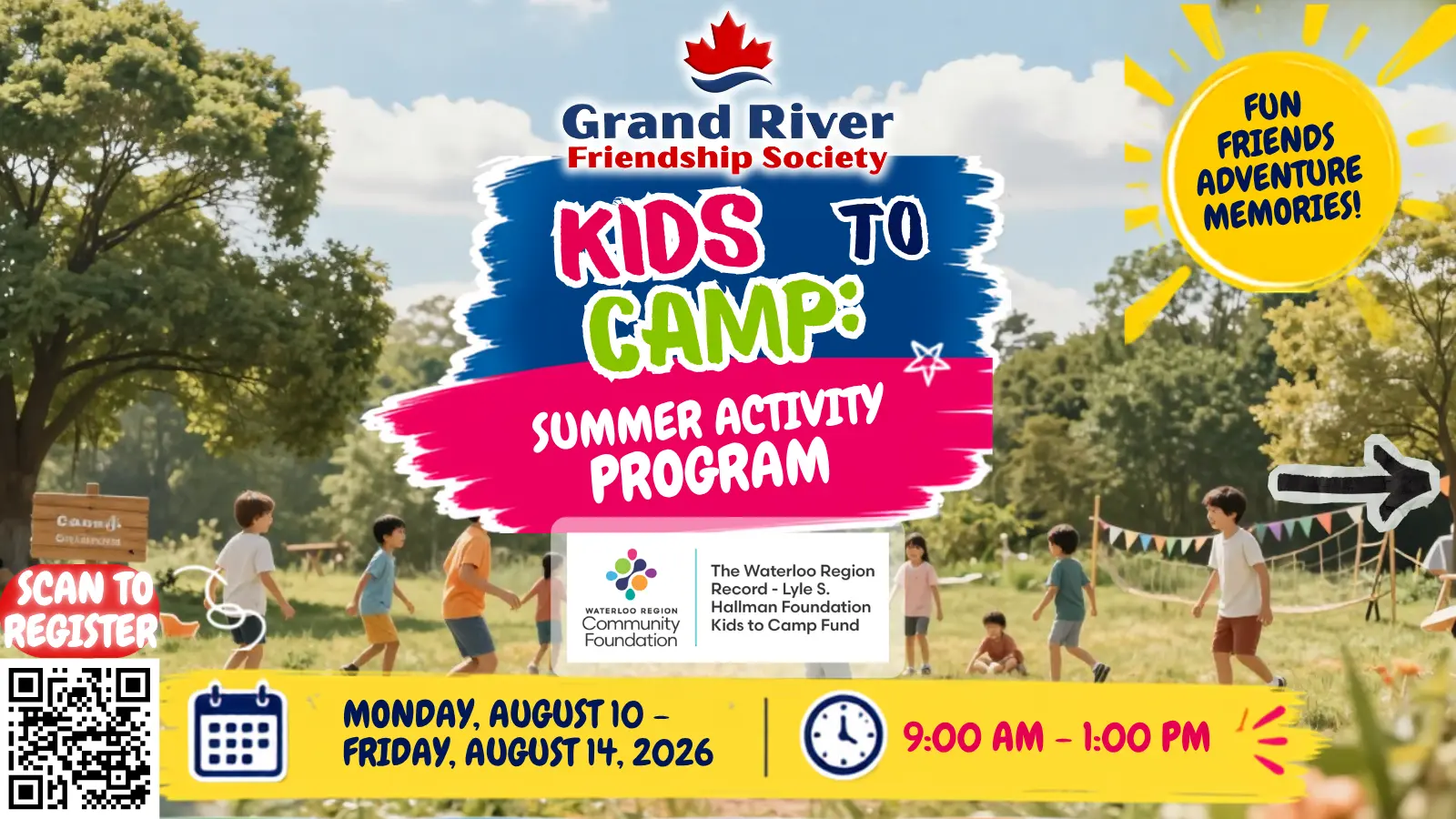 Promotional flyer for the GRFS Kids to Camp Summer Activity Program, taking place August 10–14, 2026, in Baden, Ontario.