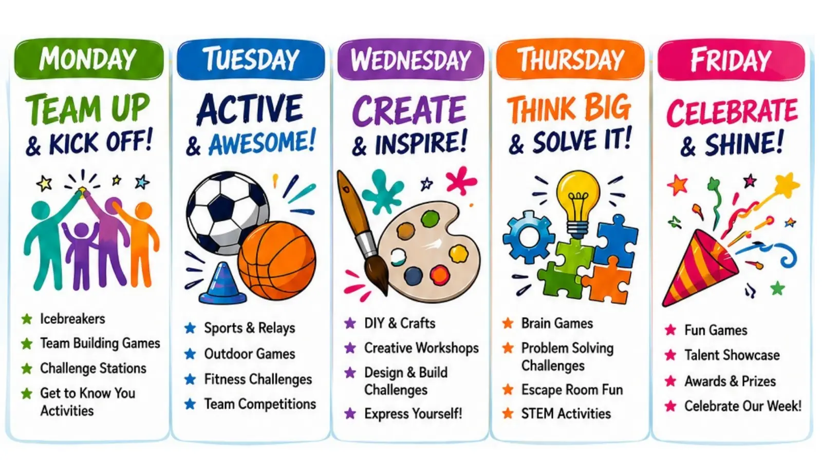 Five-day schedule featuring team-building, sports, creative workshops, STEM challenges, problem-solving, and celebration activities at GRFS.