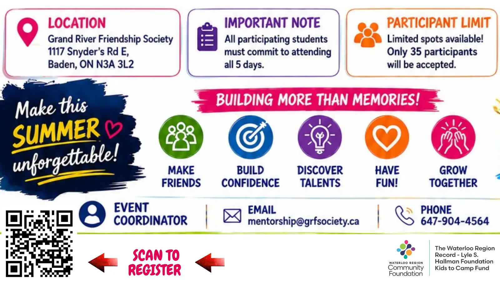 Registration, location, attendance, and participant limit details for the GRFS five-day middle school summer program in Baden, Ontario.