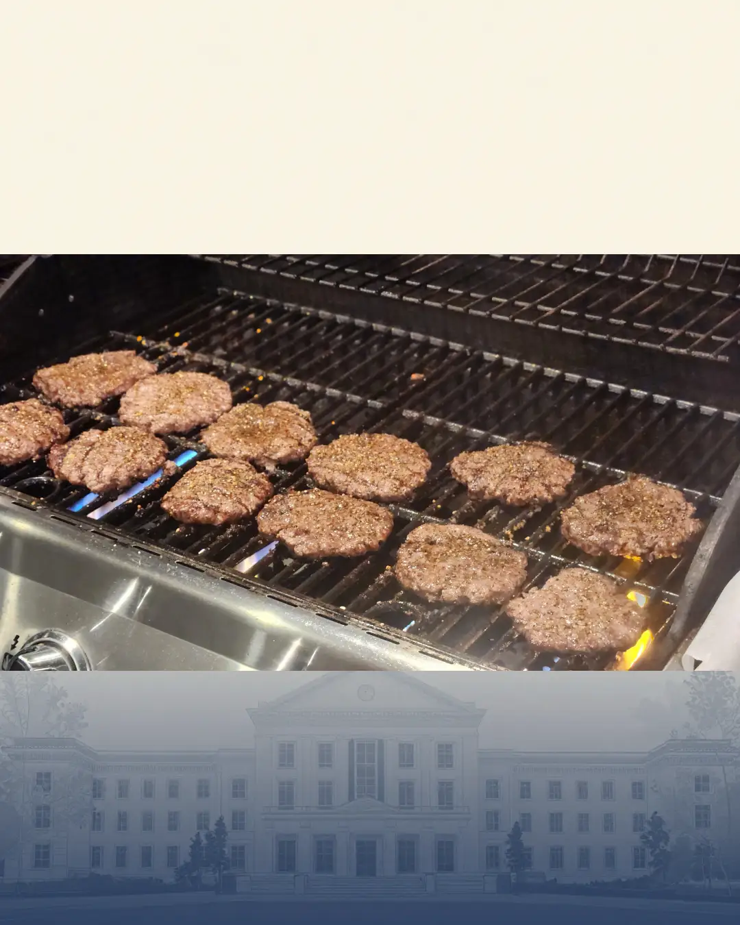 GRFS Quebec Trip 2026 - 10 Burgers cooking on the barbecue during the GRFS cottage stay