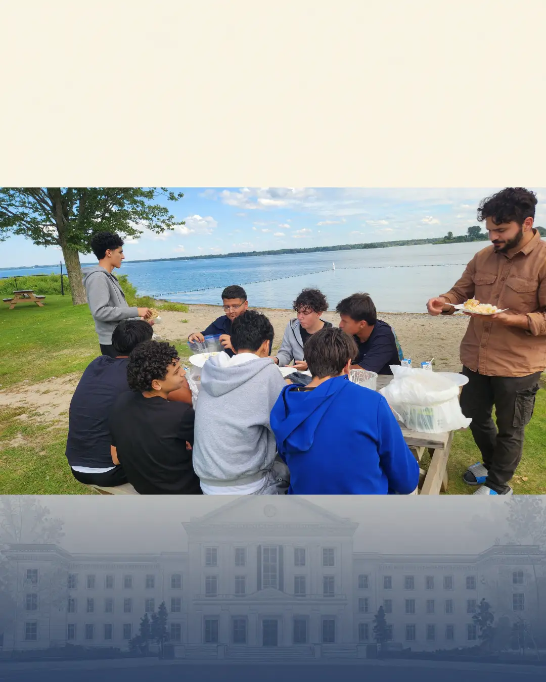 GRFS Quebec Trip 2026 - 06 GRFS students and a mentor sharing a lakeside picnic