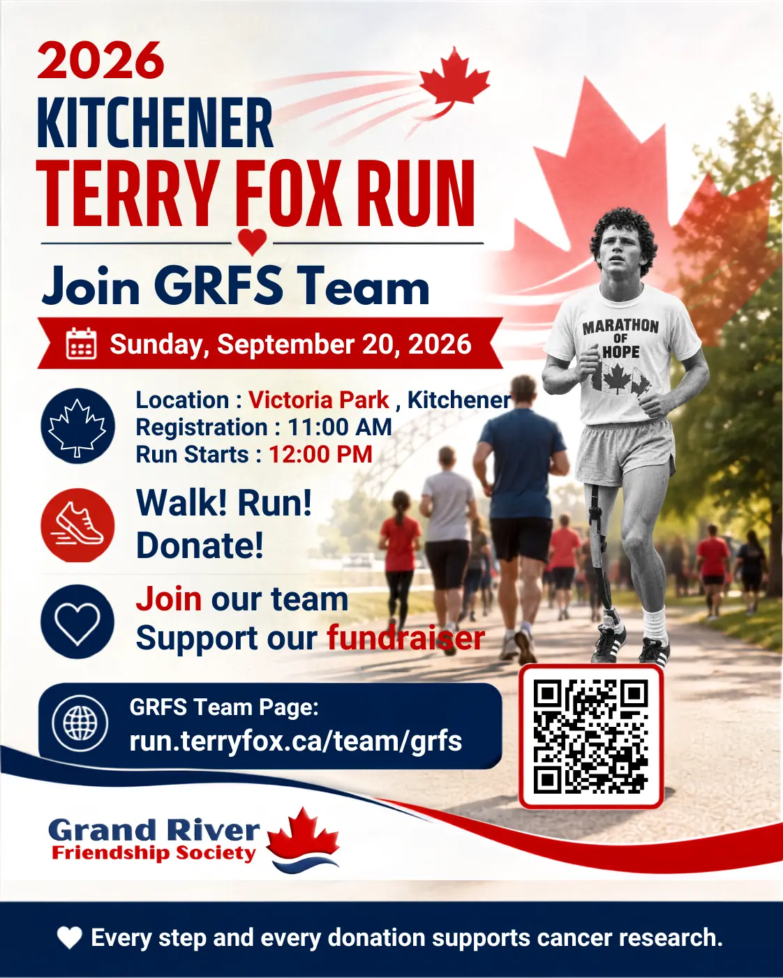 Poster inviting people to join Team GRFS at the Kitchener Terry Fox Run on September 20, 2026, at Victoria Park, with registration at 11 AM and the run starting at noon.