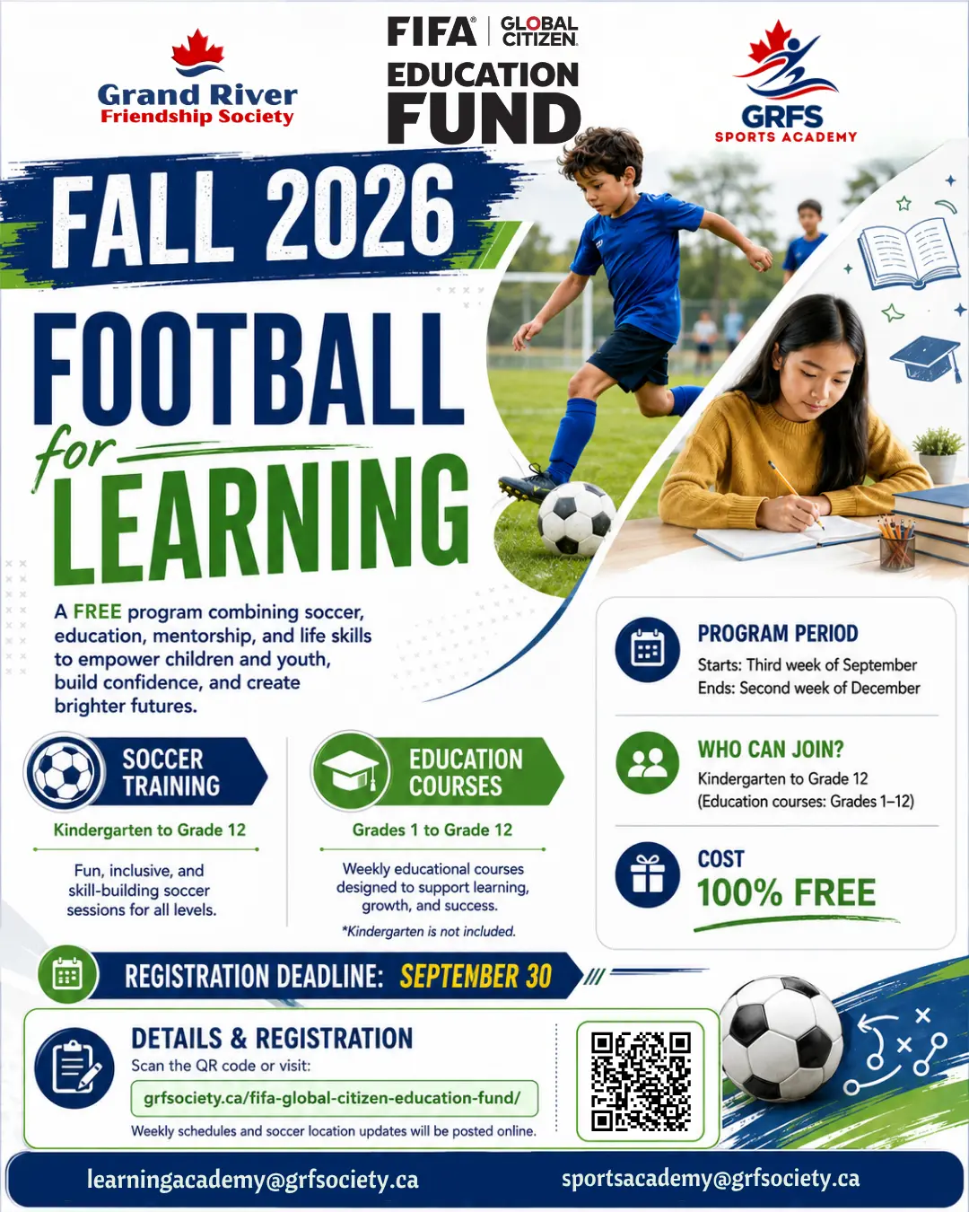 Poster for GRFS Football for Learning Fall 2026 with free soccer training and education support