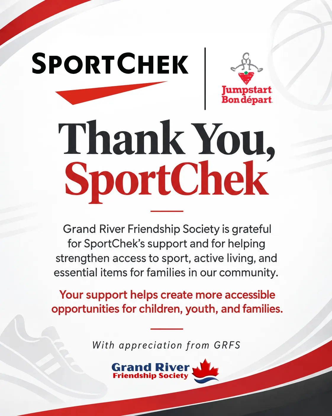 Thank you SportChek poster recognizing support for GRFS families and access to sport and active living