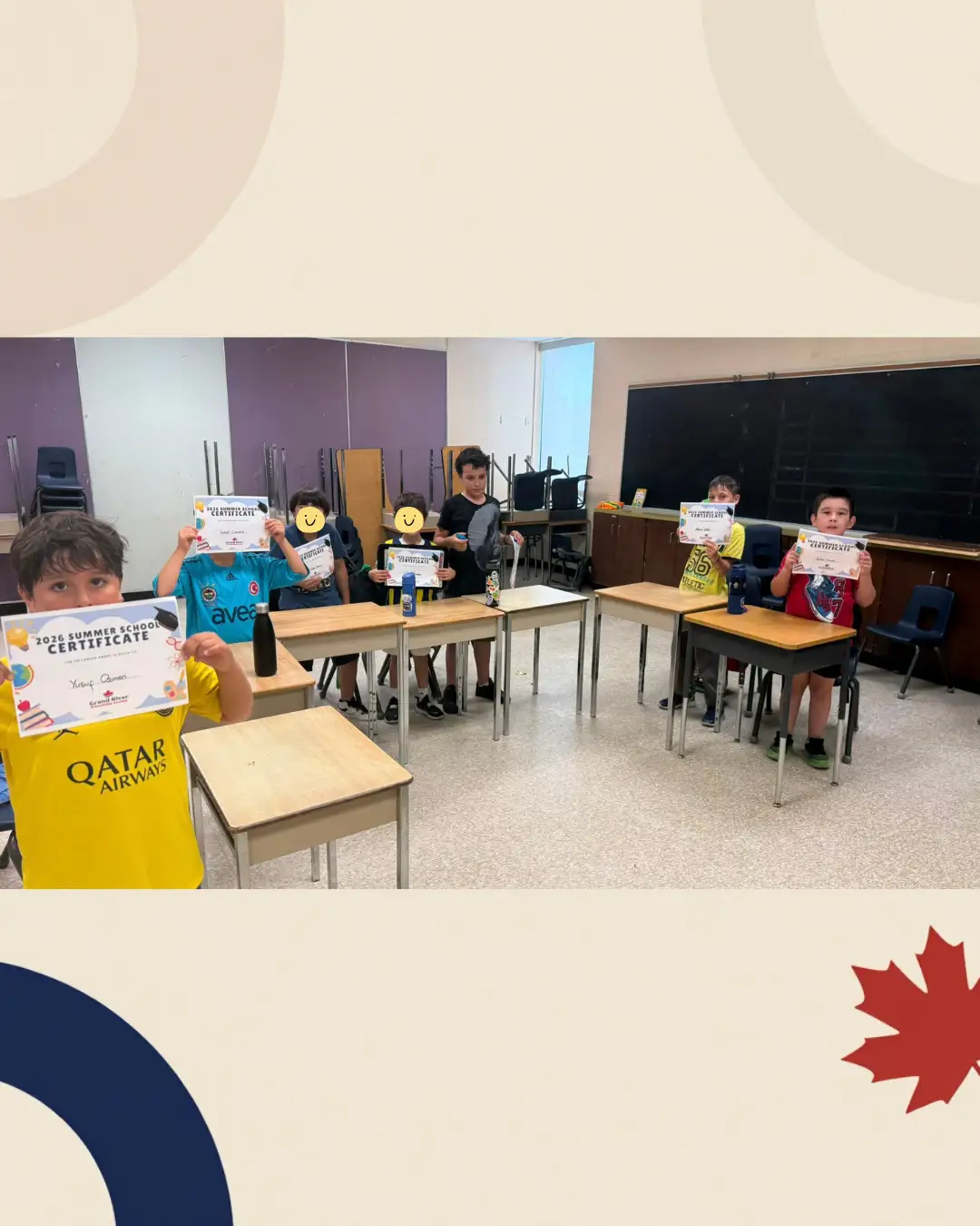 Children holding their Summer School completion certificates in a classroom at GRFS Summer School 2026