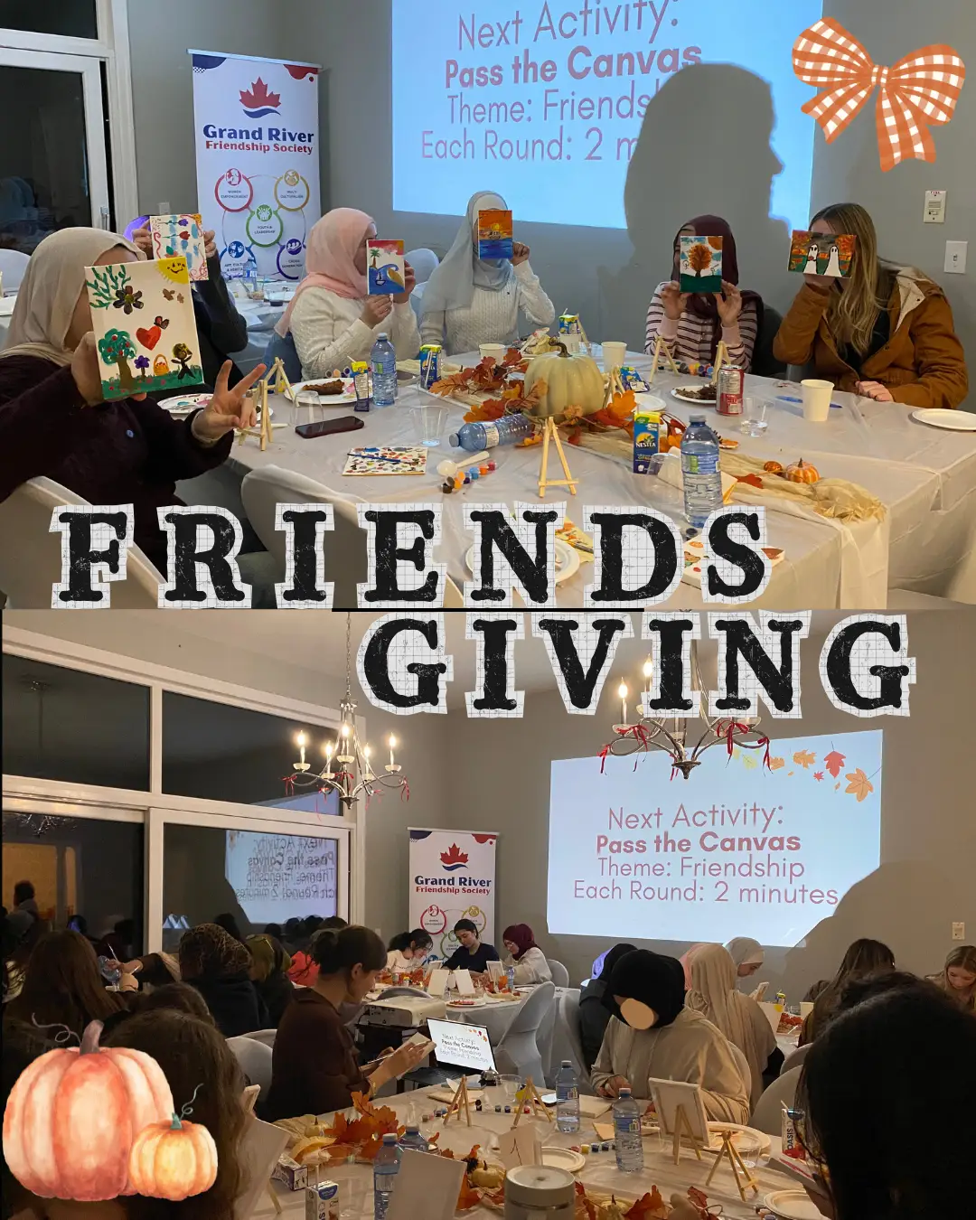 Friendsgiving photo collage showing participants painting and holding their finished canvases at GRFS.