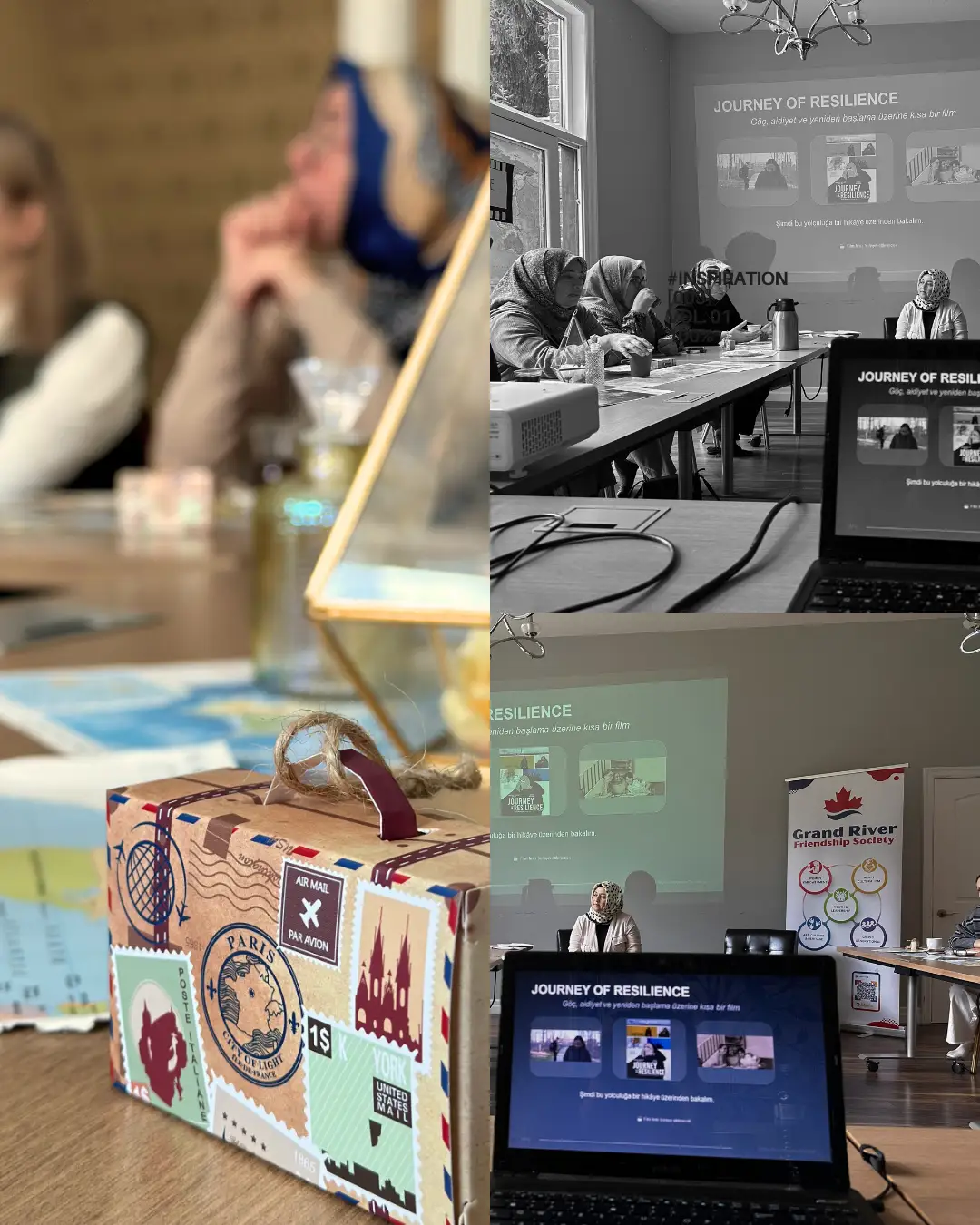 Collage of the Journey of Resilience screening, participants at tables and a decorative travel-themed suitcase.
