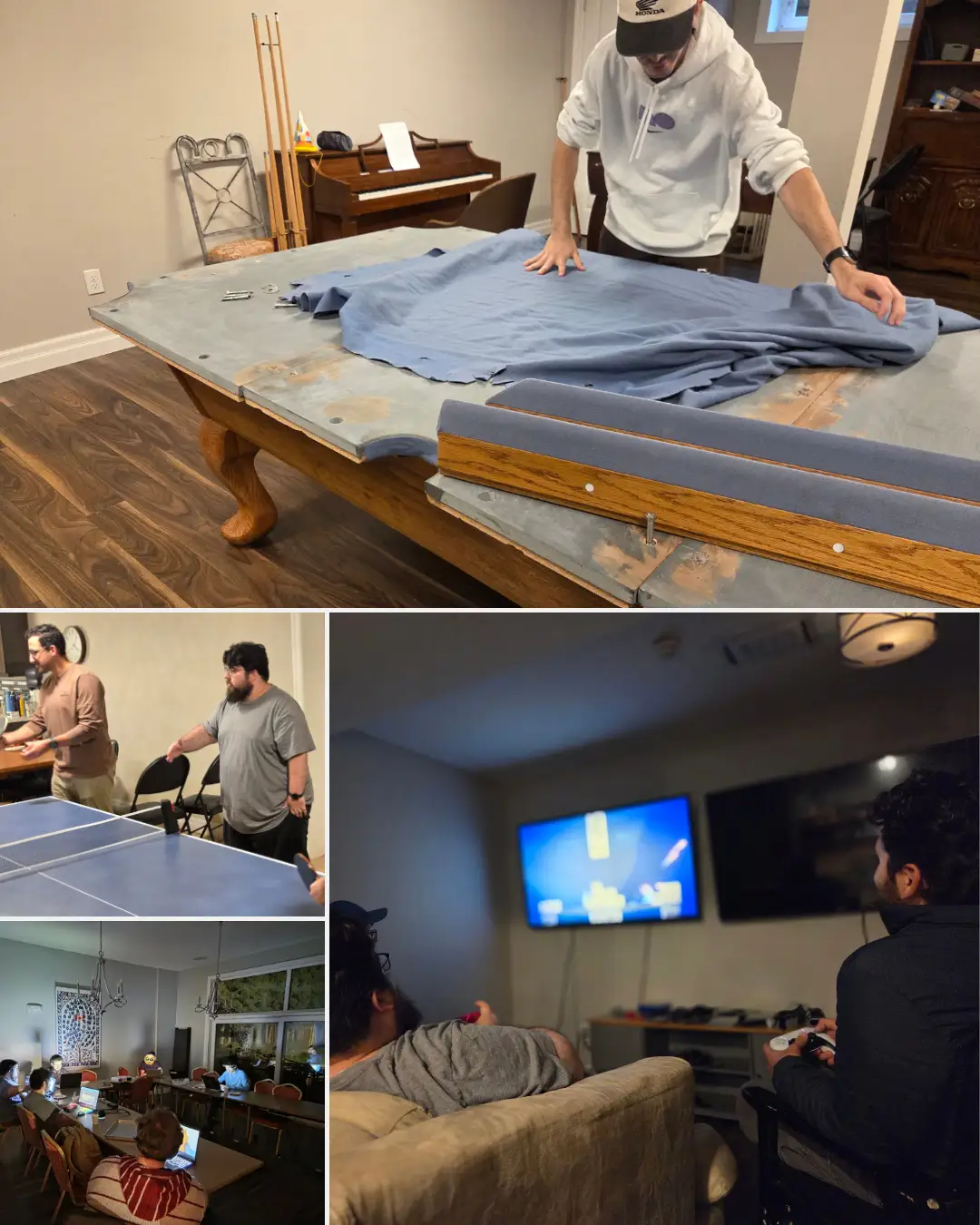 Camp photo collage showing pool table repairs, table tennis, laptop activities and video games.