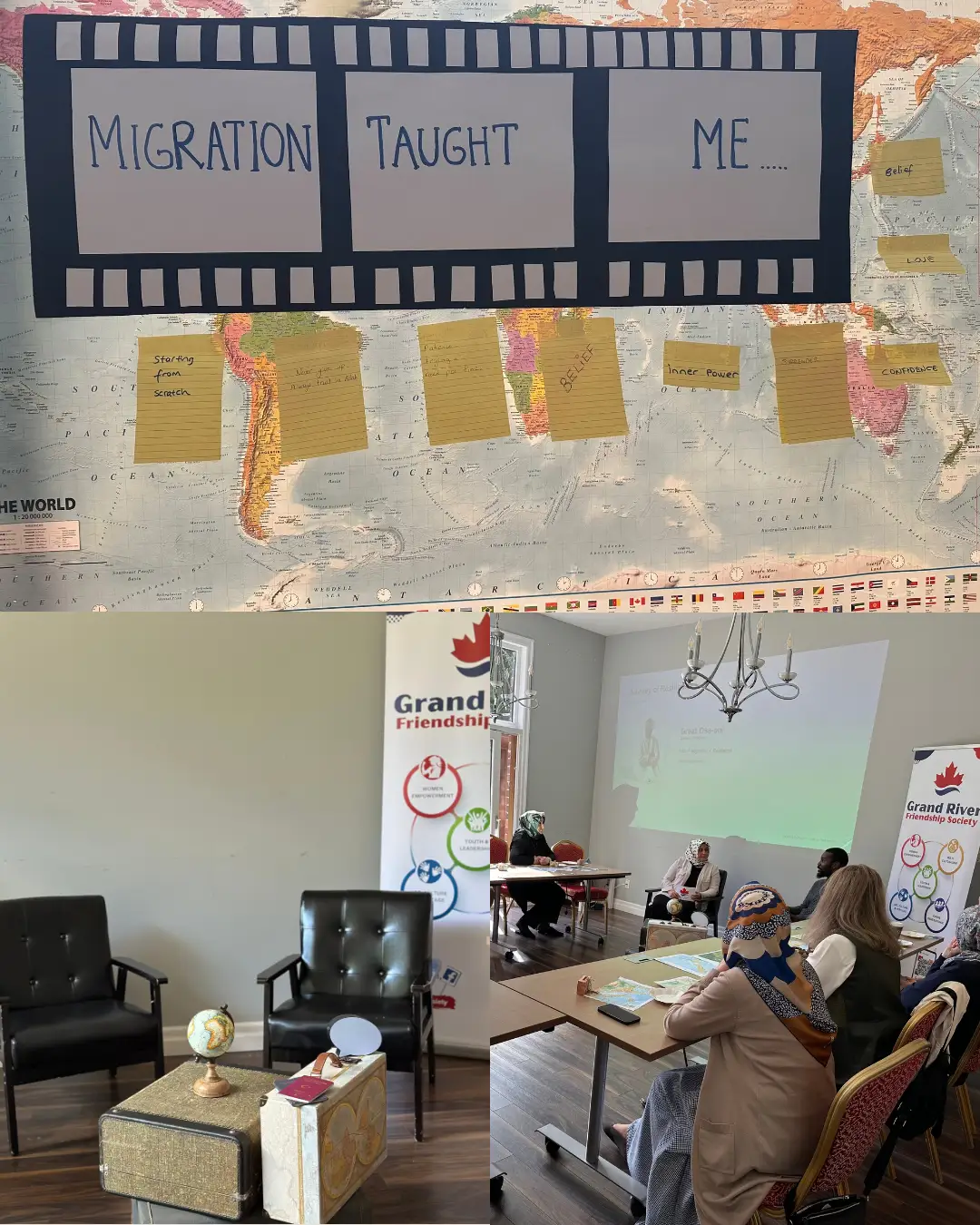 Collage of a world map with Migration Taught Me notes and participants in the GRFS film discussion.
