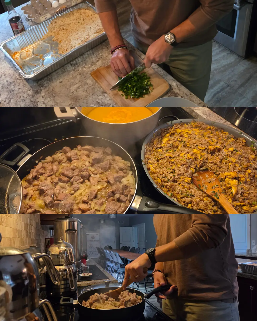 Collage showing a participant chopping greens and preparing fried rice and other dishes during the GRFS student camp.