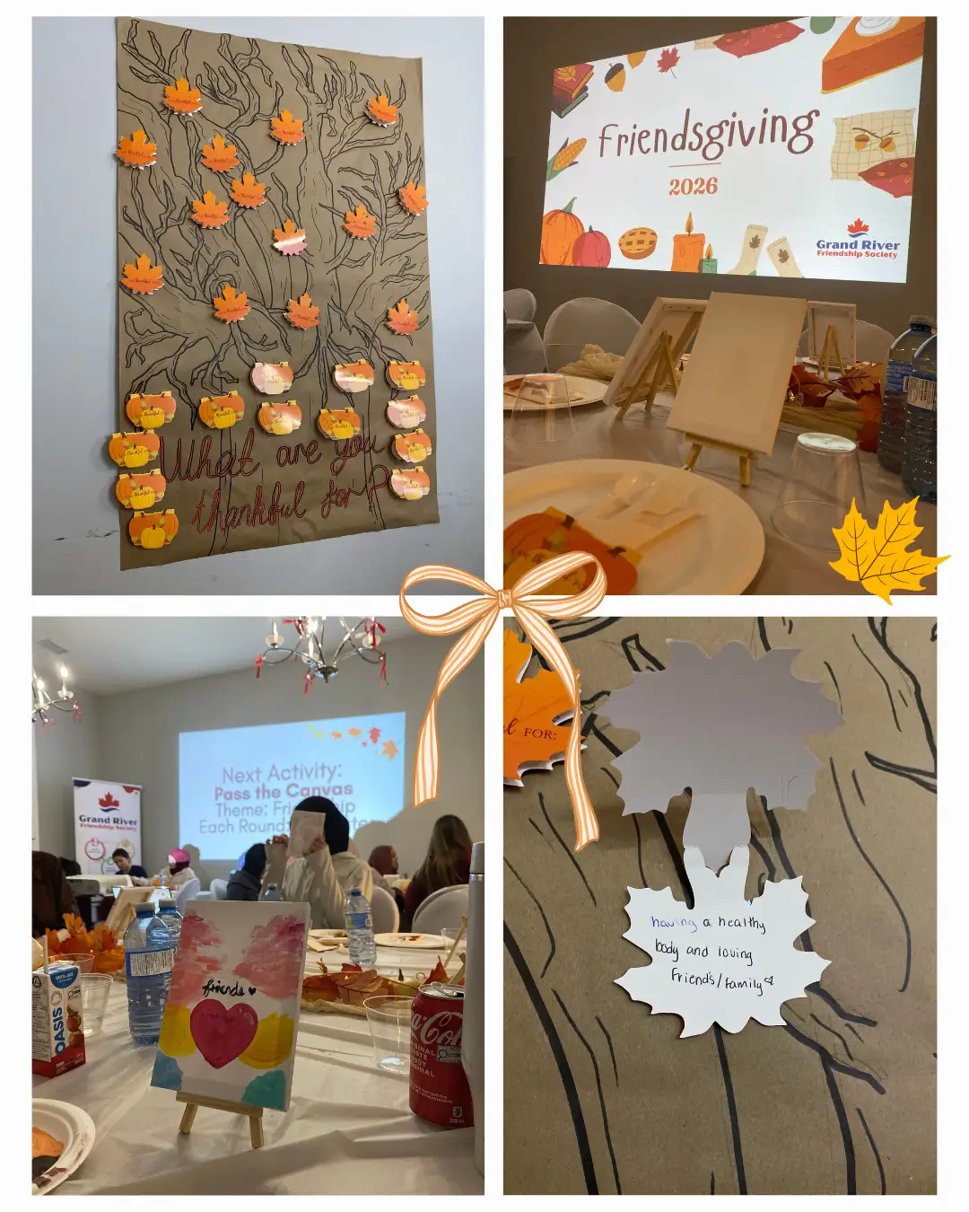 Collage of a gratitude tree, autumn table decorations and friendship-themed canvas art at GRFS Friendsgiving 2026.