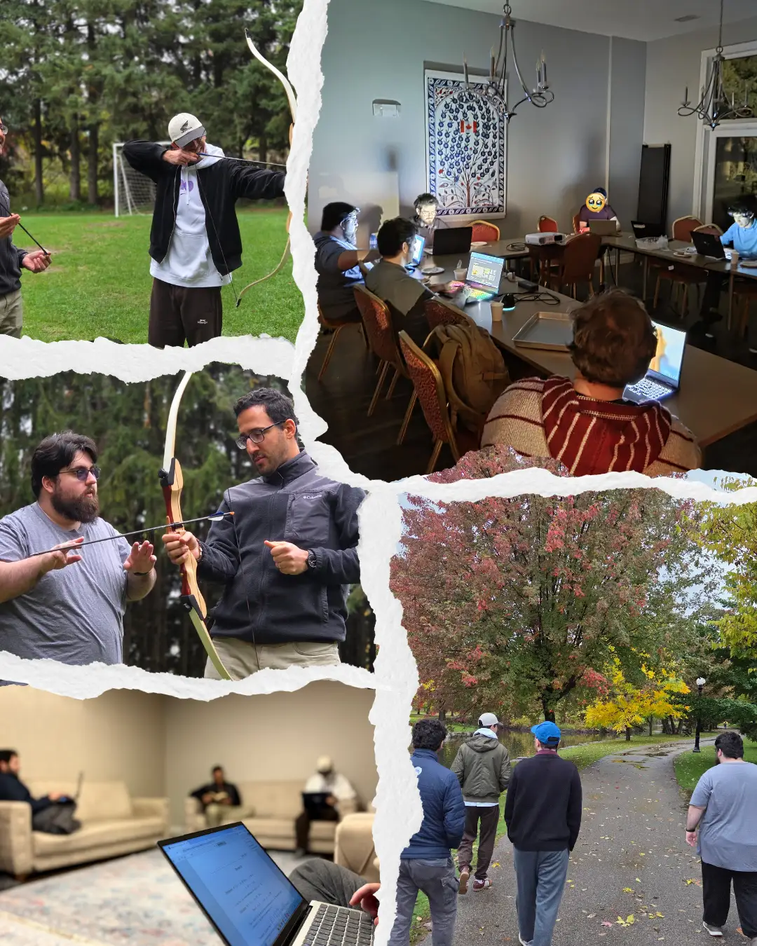 University student camp collage showing archery practice, laptop sessions and a walk among autumn trees.