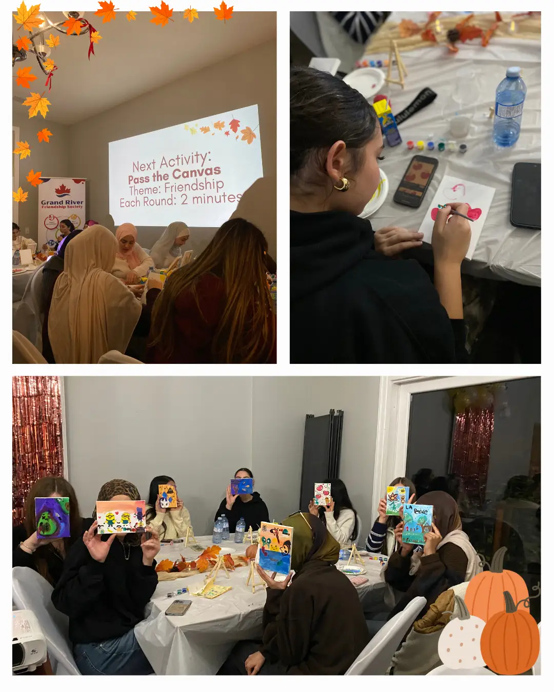 Participants paint small canvases and display their artwork in a collage from GRFS Friendsgiving 2026.