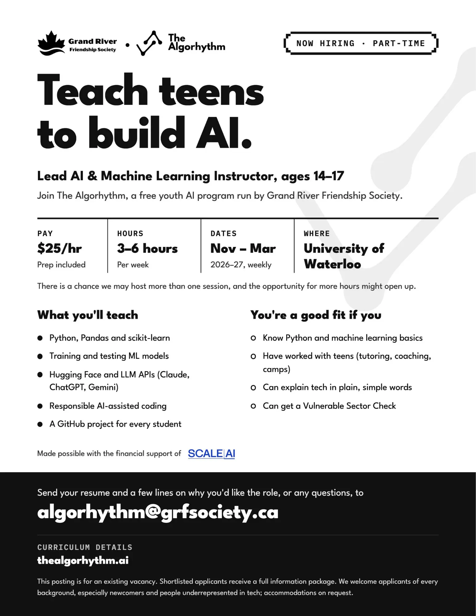 Job poster for The Algorhythm’s part-time AI instructor role at the University of Waterloo, paying $25 per hour.